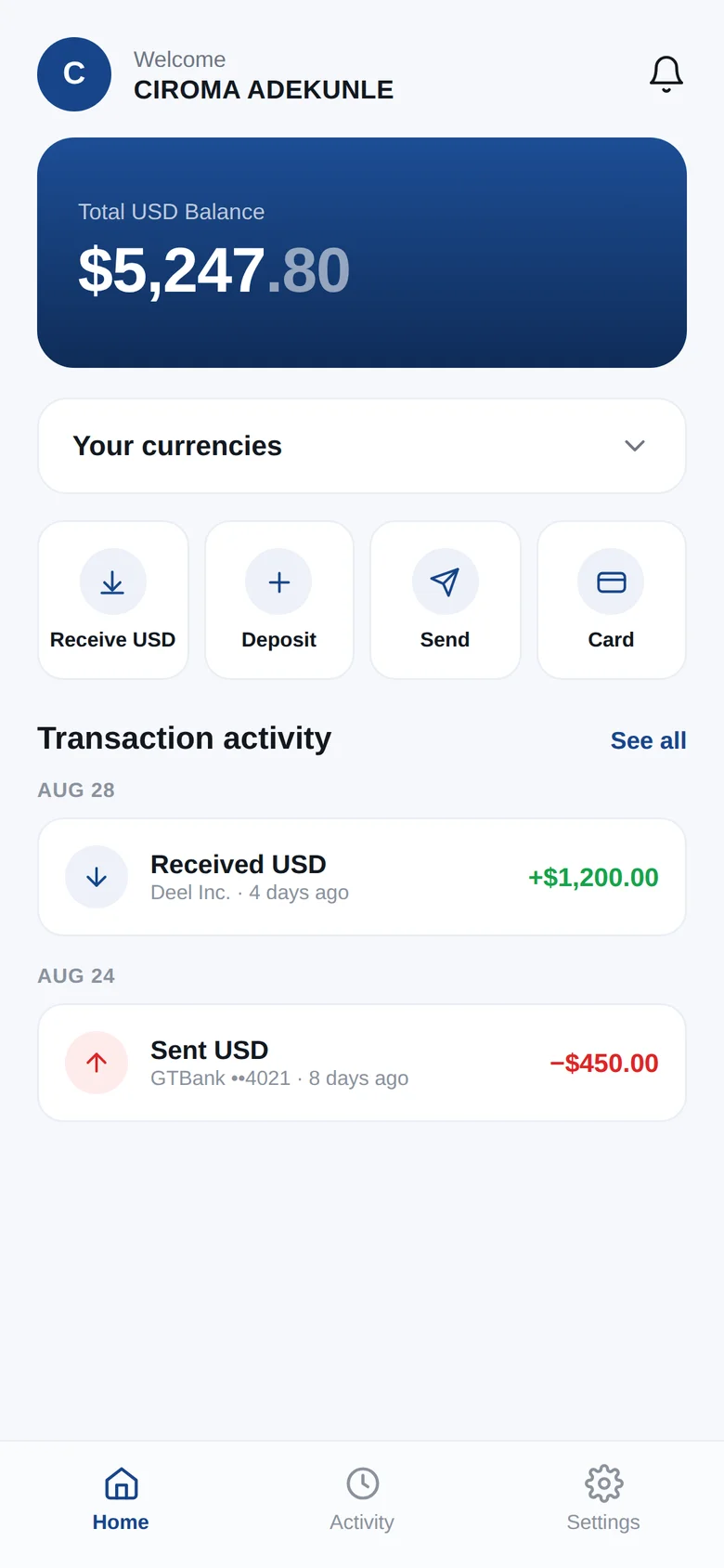 Daya Borders home screen showing a US dollar balance