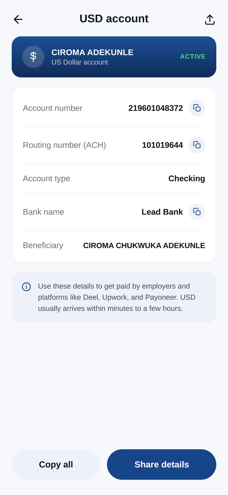 Daya Borders screen showing US dollar account and routing details