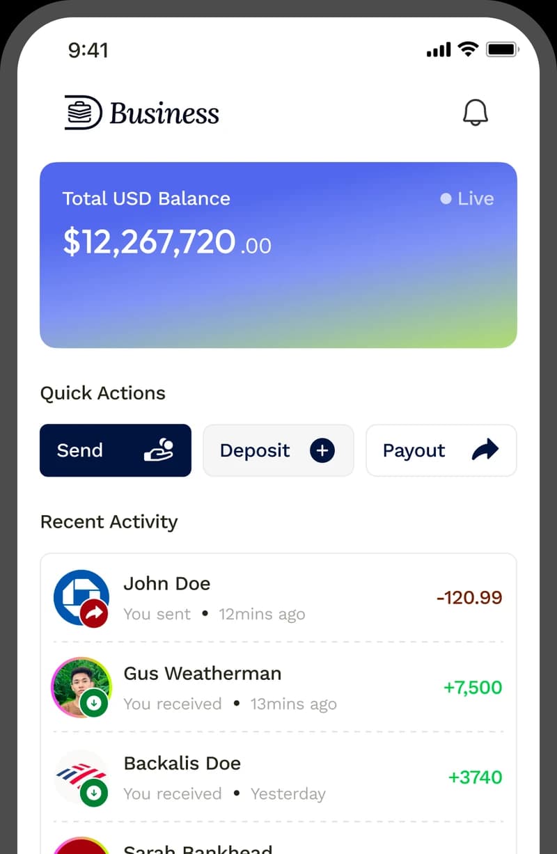 The Daya Business app home screen, showing a US dollar balance, send, deposit and payout actions, and recent payments