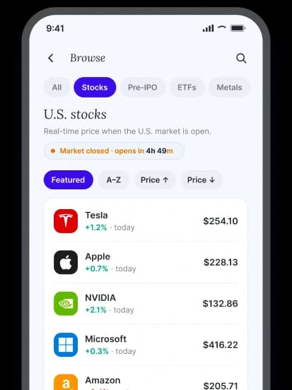 The Daya Stocks app, browsing popular US stocks with their prices