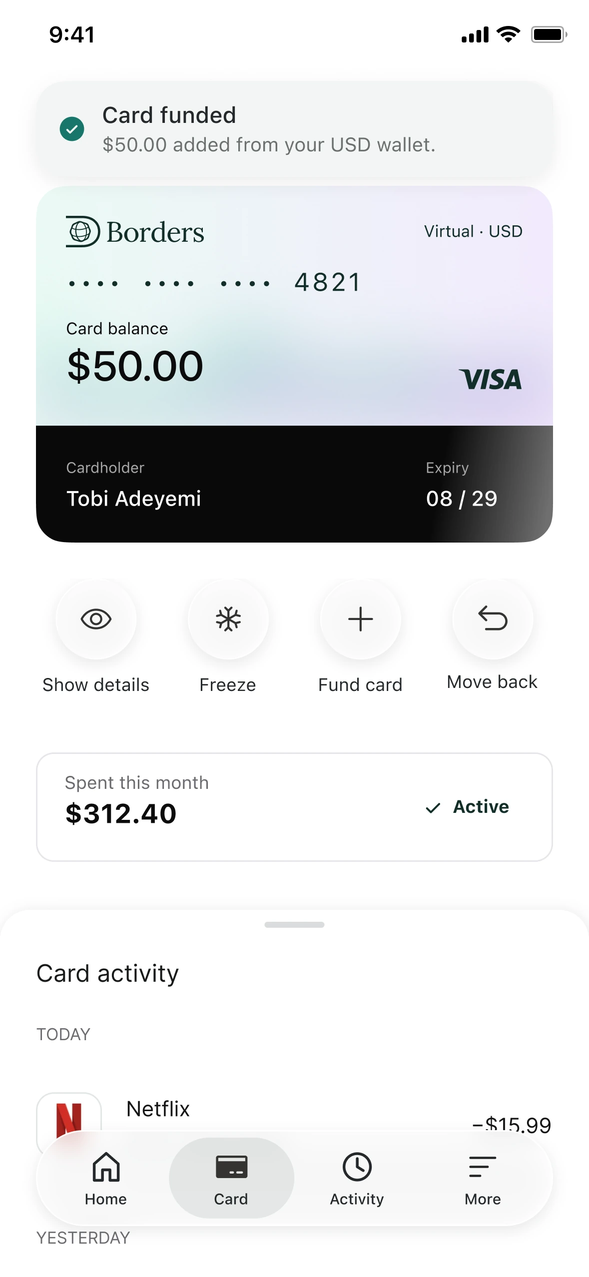 The card screen in Daya Borders, showing a virtual dollar card with its balance, buttons to freeze or fund it, and recent card spending