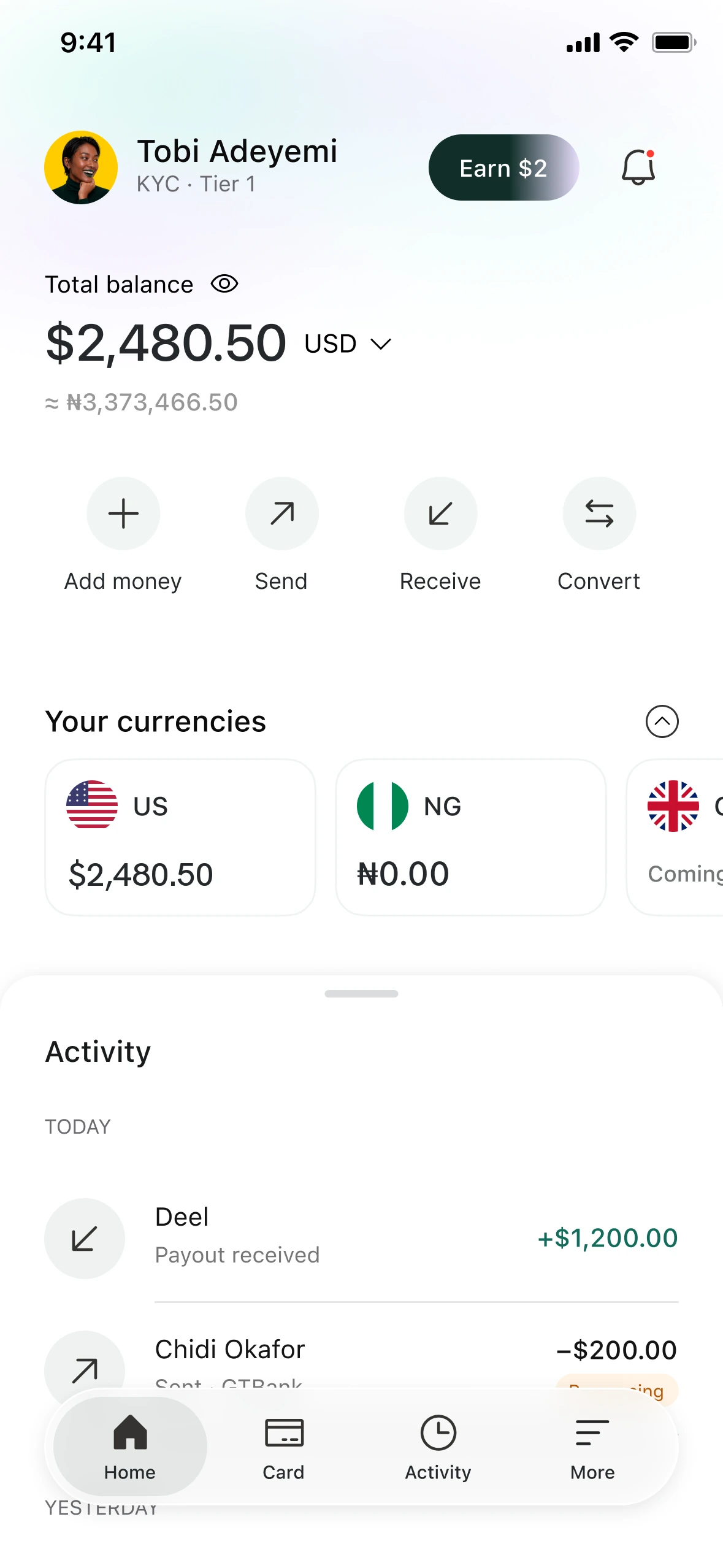The Daya Borders home screen, showing a dollar balance with its naira equivalent and buttons to add, send, receive and convert money