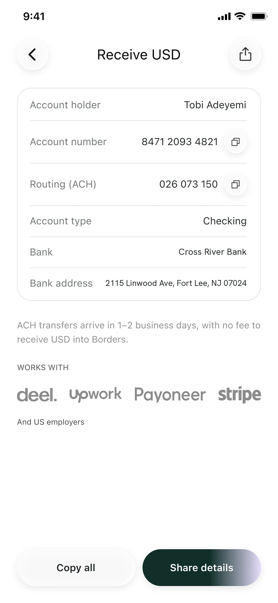 The Receive USD screen in Daya Borders, listing the account holder, account number, routing number, account type and bank address