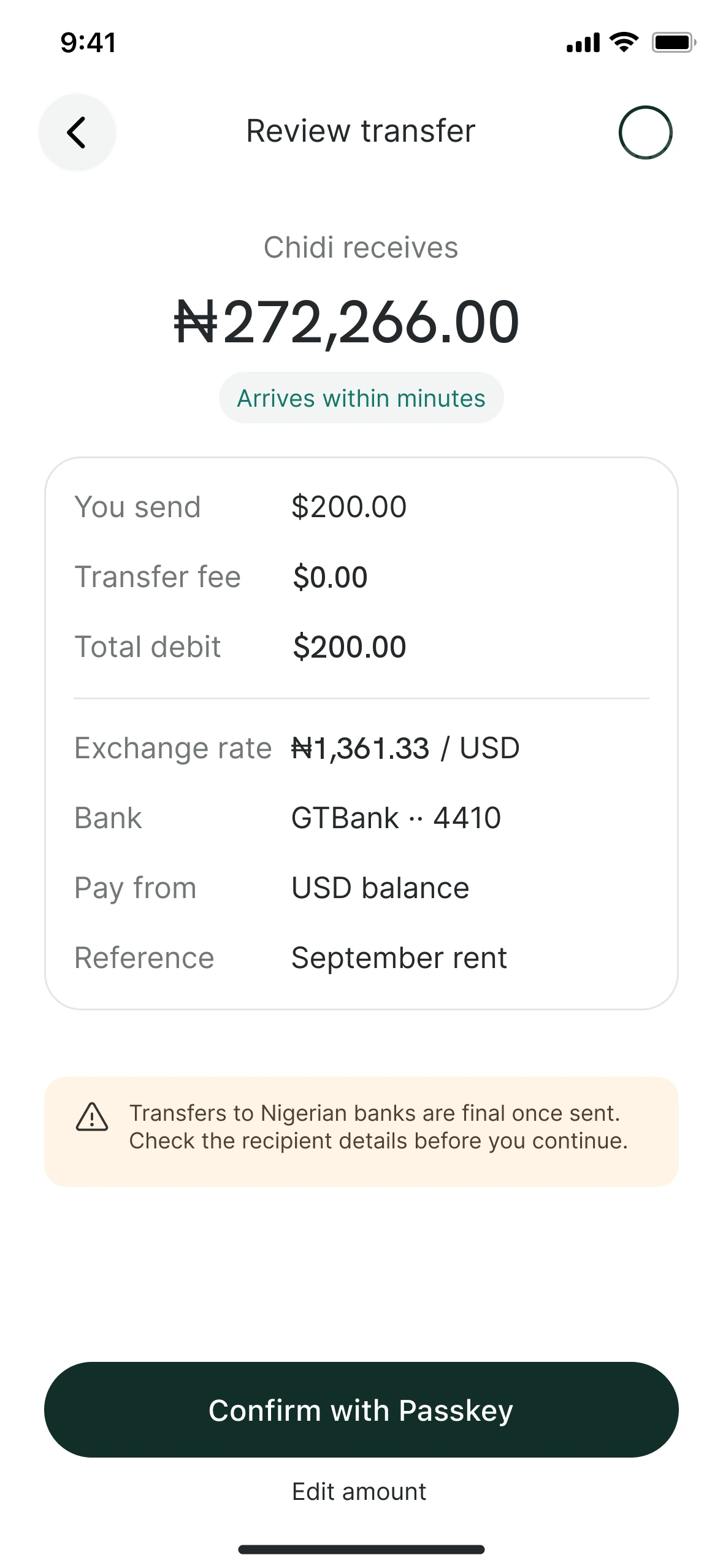 Daya Borders review screen for a $200 transfer to a Nigerian bank account, showing the naira the recipient gets, the rate and no transfer fee