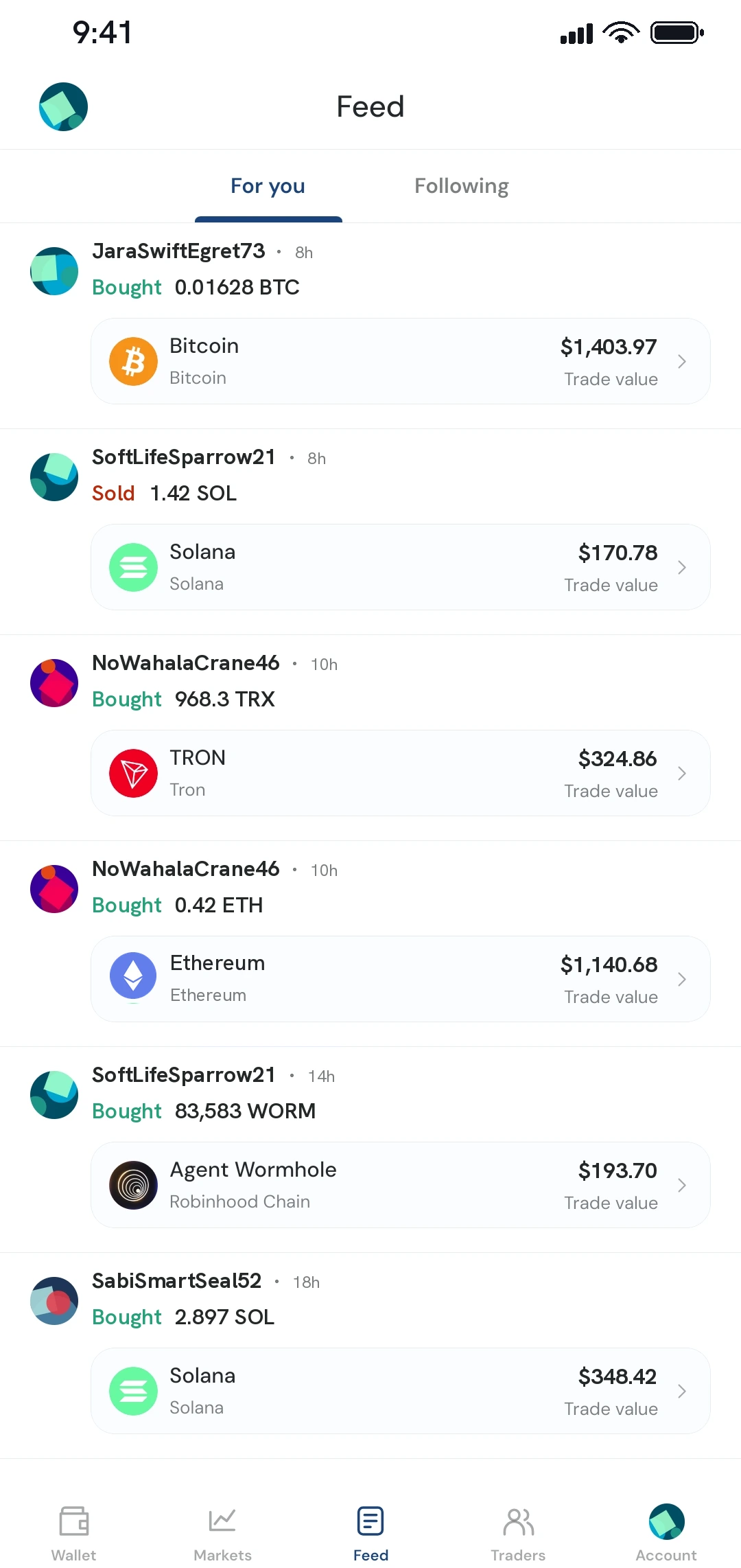 The Daya Coins feed, showing what other people have recently bought and sold