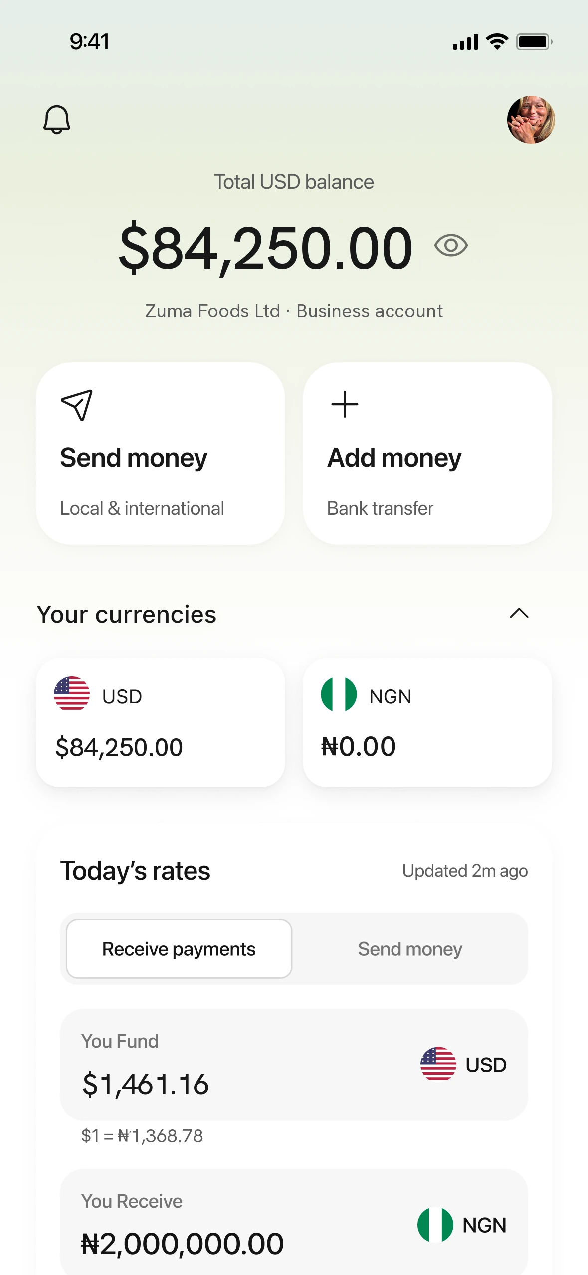 The Daya Business home screen, showing a company's total dollar balance with buttons to send and add money