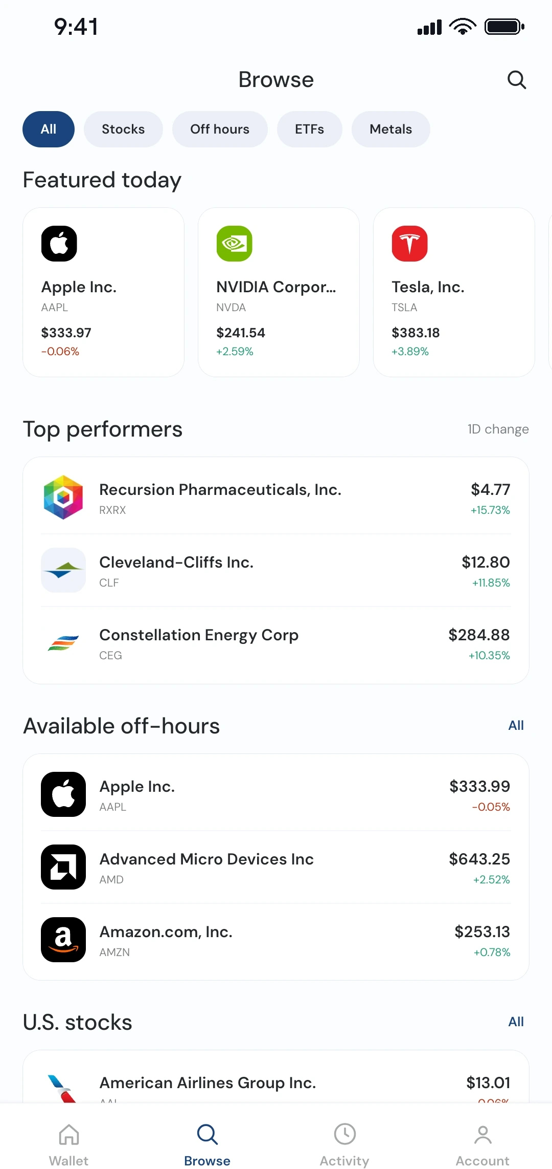 The Daya Stocks browse screen, showing featured US companies with their prices, a top performers list and off-hours trading